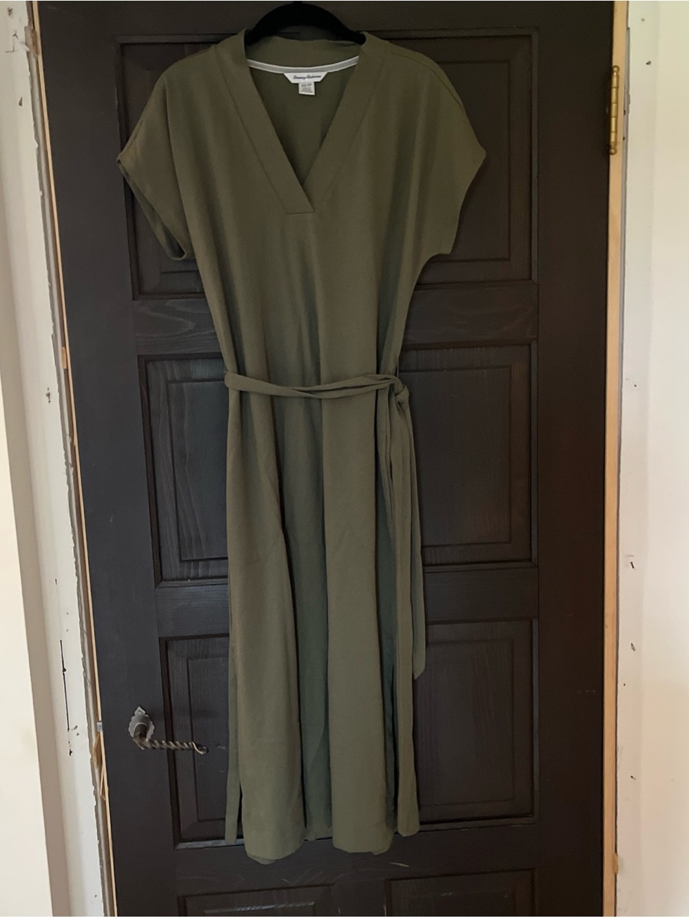 Tommy Bahama Olive Green V-Neck Belted Midi Dress